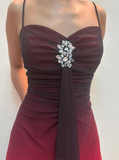 Vintage Sheath Straps Rhinestone Ombre Red Chiffon Prom Dress Evening Dress HZ1023