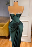 GORGEOUS DARK GREEN SPAGHETTI-STRAPS MERMAID PROM DRESS WITH BEADINGS HZ1023