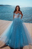 OCEAN BLUE STRAPLESS SPARKLE BEADS TULLE PRINCESS PROM DRESS HZ1023