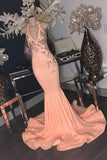 PINK FLORAL APPLIQUES V-NECK HALTER FLOOR LENGTH MERMAID PROM DRESS HZ1023
