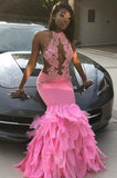 PINK HALTER MERMAID FEATHER PARTY GOWNS PROM DRESS HZ1023