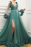 GORGEOUS GREEN LONG-SLEEVES TULLE SIDE-SLIT A-LINE PROM DRESS HZ1023