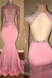 GORGEOUS HIGH-NECK BACKLESS PINK PROM PARTY GOWNS PROM DRESS HZ1023