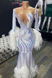 ILLUSION NECK LONG SLEEVES LUXURIOUS FUR SEQUIN MERMAID PROM DRESS HZ1023