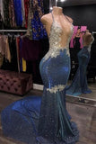 SPARKLE SEQUIN BACKLESS DEEP V-NECK LONG PROM PARTY GOWNS WITH TRAIN HZ1023