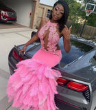 PINK HALTER MERMAID FEATHER PARTY GOWNS PROM DRESS HZ1023