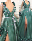 GORGEOUS GREEN LONG-SLEEVES TULLE SIDE-SLIT A-LINE PROM DRESS HZ1023