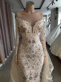 LUXURIOUS LONG SLEEVES OFF-THE-SHOULDER PARTY GOWNS WITH FULLY-COVERED BEADS PROM DRESS HZ1023