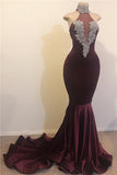 MERMAID OPEN BACK CHIC HIGH NECK SILVER BEADS APPLIQUES PROM DRESS HZ1023