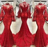 HIGH NECK LONG SLEEVESS MERMAID BEADING APPLIQUE CHAPEL TRAIN PROM DRESS HZ1023