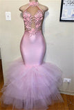 PINK HALTER SLEEVELESS FLOWER APPLIQUES TULLE MERMAID PROM DRESS HZ1023