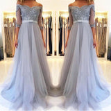 OFF-THE-SHOULDER HALF SLEEVE EVENING DRESSES FORMAL LACE APPLIQUES PROM DRESS HZ1023