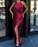 HIGH ROUND NECK CHARMING SEQUINED HIGH SLIT BURGUNDY PROM DRESS HZ1023