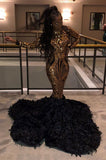 GOLDEN METALLIC SEQUINED BLACK HIGH NECK MERMAID PROM DRESS HZ1023
