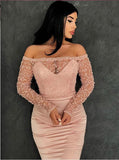 GORGEOUS MERMAID OFF-THE-SHOULDER PROM GOWNS LONG SLEEVES LACE EVENING DRESSES HZ1023