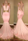 GORGEOUS LONG SLEEVES V-NECK PROM PARTY GOWNS MERMAID WITH GOLD CRYSTAL HZ1023