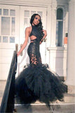 HOT BLACK TRUMPET LACE TULLE BACKLESS RUFFLES PROM PARTY GOWNS HZ1023