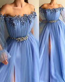 GORGEOUS OFF-THE-SHOULDER APPLIQUES TULLE A-LINE PROM DRESS HZ1023