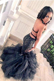 HOT BLACK TRUMPET LACE TULLE BACKLESS RUFFLES PROM PARTY GOWNS HZ1023