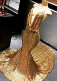 GOLD HALTER V-NECK MERMAID CHARMING SEQUINED DEEP FLOW NECK PROM DRESS HZ1023