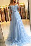 OFF-THE-SHOULDER HALF SLEEVE EVENING DRESSES FORMAL LACE APPLIQUES PROM DRESS HZ1023