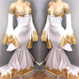 LONG SLEEVES PARTY GOWNS WITH GOLD APPLIQUES PROM DRESS HZ1023