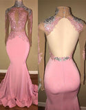 GORGEOUS HIGH-NECK BACKLESS PINK PROM PARTY GOWNS PROM DRESS HZ1023