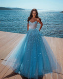 OCEAN BLUE STRAPLESS SPARKLE BEADS TULLE PRINCESS PROM DRESS HZ1023