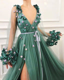 GORGEOUS GREEN LONG-SLEEVES TULLE SIDE-SLIT A-LINE PROM DRESS HZ1023