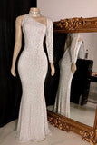 ONE-SHOULDER LONG SLEEVES SILVER SEQUINS MERMAID PROM GOWNS HZ1023