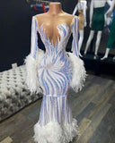 ILLUSION NECK LONG SLEEVES LUXURIOUS FUR SEQUIN MERMAID PROM DRESS HZ1023