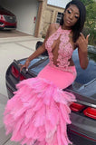 PINK HALTER MERMAID FEATHER PARTY GOWNS PROM DRESS HZ1023