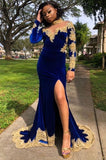 VELVET LONG SLEEVES MERMAID FRONT SPLIT GOLD APLIQUES PROM PARTY GOWNS ROYAL BLUE HZ1023