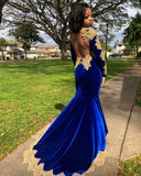 VELVET LONG SLEEVES MERMAID FRONT SPLIT GOLD APLIQUES PROM PARTY GOWNS ROYAL BLUE HZ1023