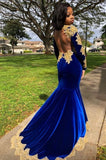 VELVET LONG SLEEVES MERMAID FRONT SPLIT GOLD APLIQUES PROM PARTY GOWNS ROYAL BLUE HZ1023
