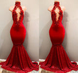TRENDY MERMAID RED LACE HIGH NECK PROM PARTY GOWNS| RED PROM PARTY GOWNS HZ1023