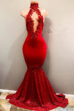 TRENDY MERMAID RED LACE HIGH NECK PROM PARTY GOWNS| RED PROM PARTY GOWNS HZ1023