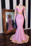 V-NECK LONG SLEEVESS OPEN BACK PINK MERMAID APPLIQUES PROM GOWNS HZ1023