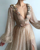 SPARKLE SEQUINS LONG SLEEVESS PROM PARTY GOWNS| CHIC V-NECK FRONT SLIT LONG PROM PARTY GOWN HZ1023