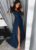 TRENDY LONG SLEEVES LACE BEADS PROM PARTY GOWNS| FRONT SPLIT PROM PARTY GOWNS HZ1023