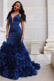V-NECK PROM PARTY GOWNS| RUFFLES MERMAID EVENING DRESS HZ1023