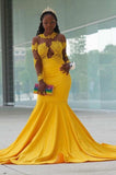 YELLOW LONG SLEEVES MERMAID PROM GOWNS SWEEP TRAIN APPLIQUES HZ1023