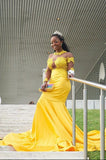 YELLOW LONG SLEEVES MERMAID PROM GOWNS SWEEP TRAIN APPLIQUES HZ1023