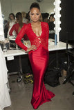 TRENDY RED LACE MERMAID PROM PARTY GOWNS LONG SLEEVES V-NECK HZ1023