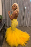 YELLOW MERMAID LACE PUFFY TULLE OPEN BACK LONG PROM PARTY GOWNS HZ1023