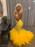 YELLOW MERMAID LACE PUFFY TULLE OPEN BACK LONG PROM PARTY GOWNS HZ1023