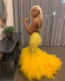 YELLOW MERMAID LACE PUFFY TULLE OPEN BACK LONG PROM PARTY GOWNS HZ1023