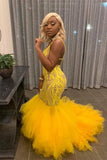 YELLOW MERMAID LACE PUFFY TULLE OPEN BACK LONG PROM PARTY GOWNS HZ1023