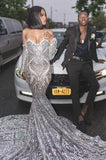 TRENDY LONG SLEEVES SWEETHEART SILVER SEQUINED LUXURIOUS PROM PARTY GOWNS HZ1023