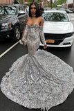 TRENDY LONG SLEEVES SWEETHEART SILVER SEQUINED LUXURIOUS PROM PARTY GOWNS HZ1023